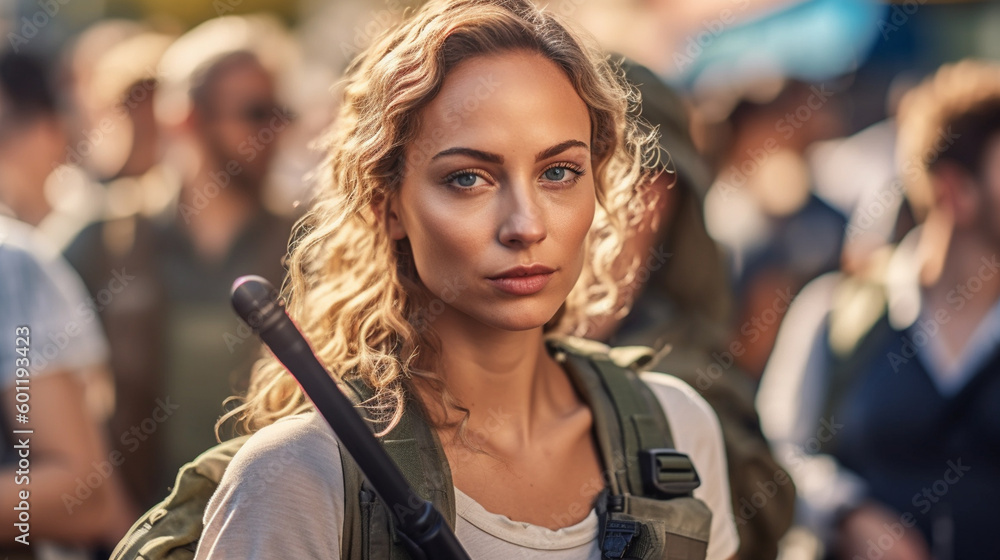 mature adult woman participates in a demonstration and protests, with backpack and stick. Generative AI mature adult woman participates in a demonstration and protests, with backpack and stick. Generative AI