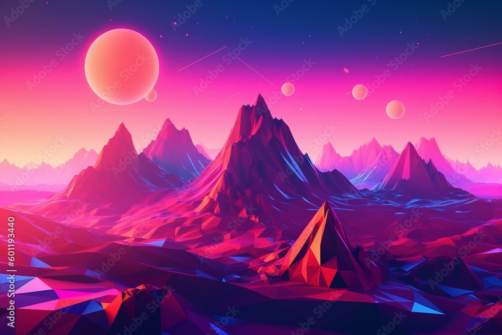 An abstract synthwave landscape with polygons in pink, blue, and purple. Generative AI