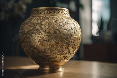 A decorative golden vase with intricate designs on white surface. Generative AI
