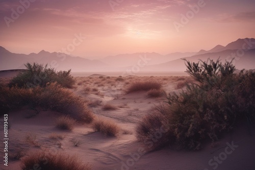 Misty mauve desert scenery during twilight. Generative AI