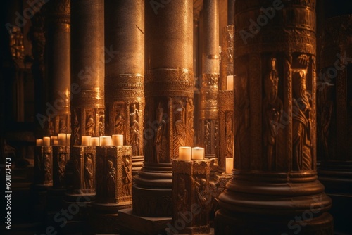 Golden light of glory on wisdom pillars. Generative AI