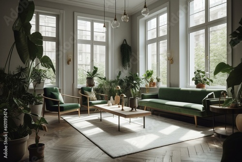 Bright living room with white walls, green potted plants and natural lighting from windows. Generative AI