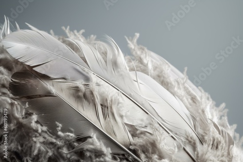 Light grey background with feathers. Generative AI