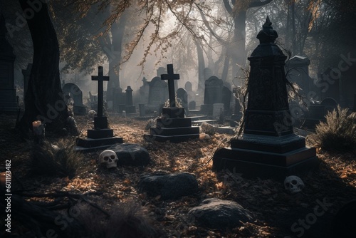 A spooky graveyard scene with Halloween decor and ghosts lurking among the tombstones. Generative AI
