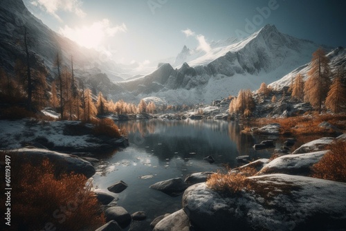 Rocky mountain landscape with snow, lake, and mystical golden glow. Generative AI