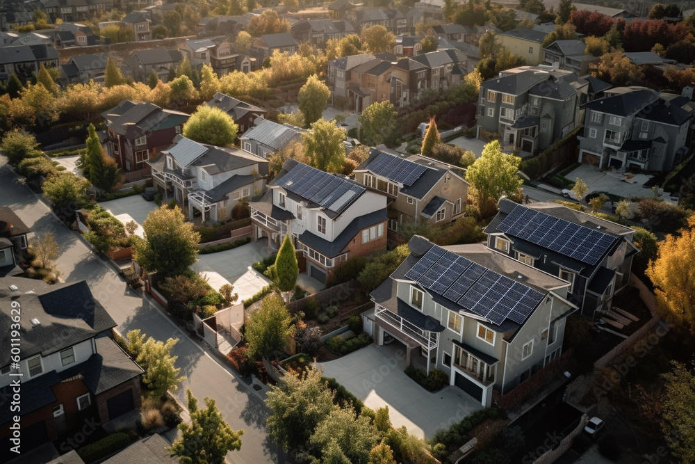 Fototapeta premium Fancy neighborhood with houses with solar panels drone view. Ai generated