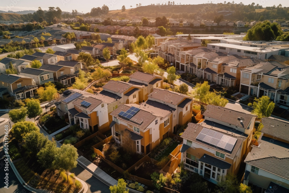 Fototapeta premium Fancy neighborhood with houses with solar panels drone view. Ai generated