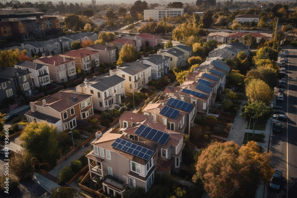 Fancy neighborhood with houses with solar panels drone view. Ai generated