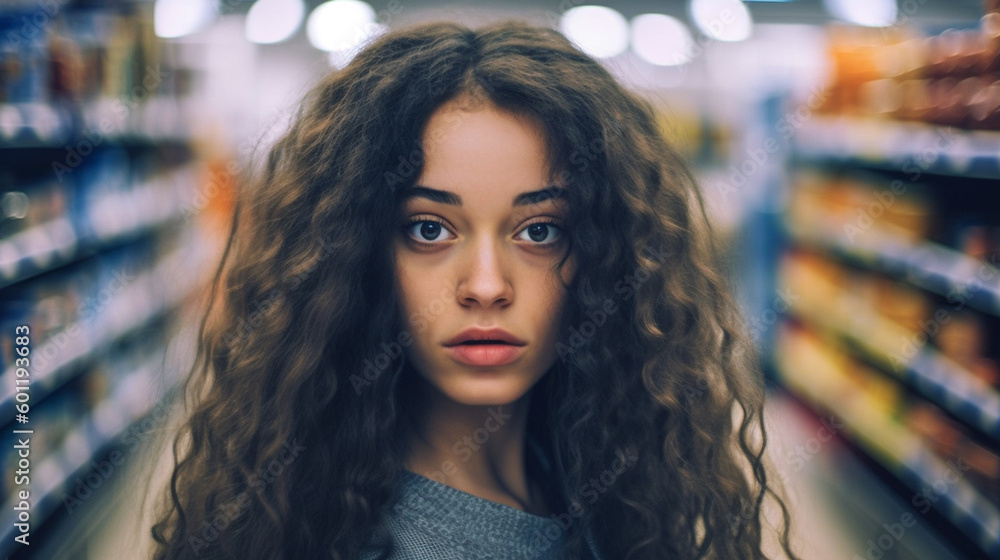 young adult woman shopping, curly long hair, tired and exhausted. Generative AI young adult woman shopping, curly long hair, tired and exhausted. Generative AI