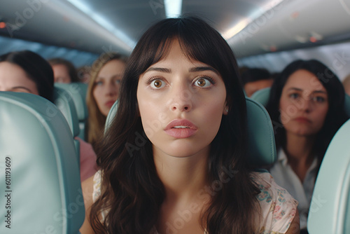 young woman is claustrophobic in narrow plane seat or train seat, comfortable vertical and narrow and narrow seat. Generative AI