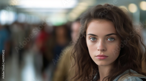 young adult woman or teenager with serious expression on face, crowd or queue, indoor, fictional location. Generative AI