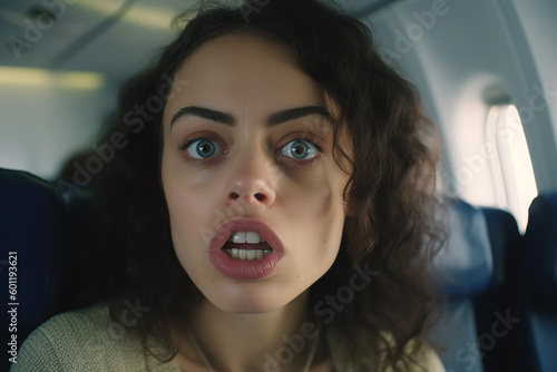 angry outraged stressed young adult woman in airplane on her seat. Generative AI photo