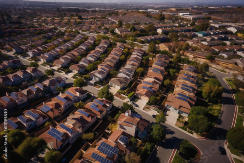 Fancy neighborhood with houses with solar panels drone view. Ai generated