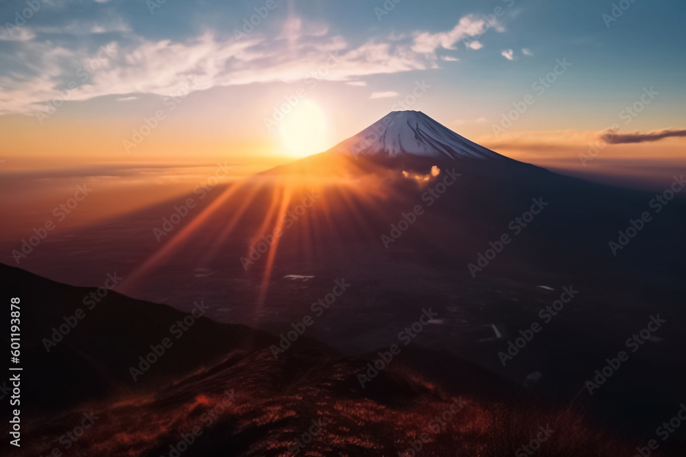 the majestic beauty of a mountain peak at sunrise, with a warm glow spreading across the sky and casting a golden light on the rugged terrain. generative AI.