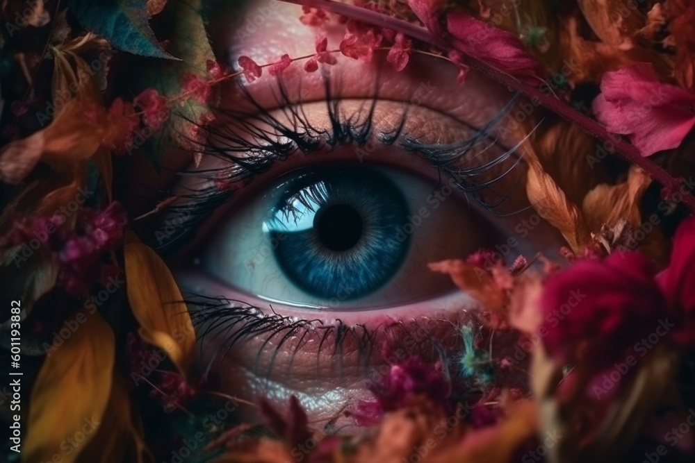 Human eye macro with autumn leaves. Ai generated