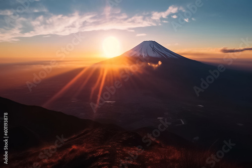 the majestic beauty of a mountain peak at sunrise, with a warm glow spreading across the sky and casting a golden light on the rugged terrain. generative AI.