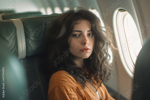 young adult woman sitting in airplane and having problem or worries. Generative AI
