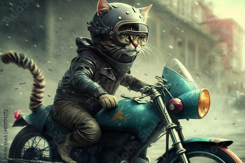 Funny cat riding a motorcycle. Ai generated