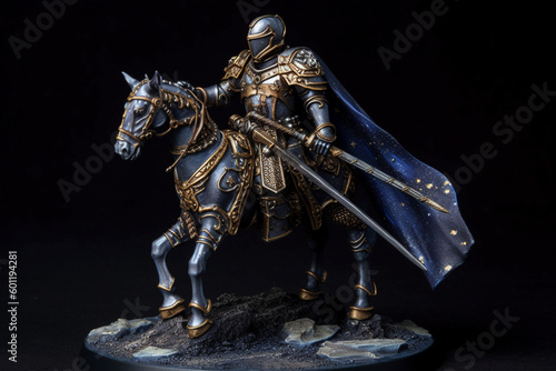 Figurine of blue knight on horse. Ai generated