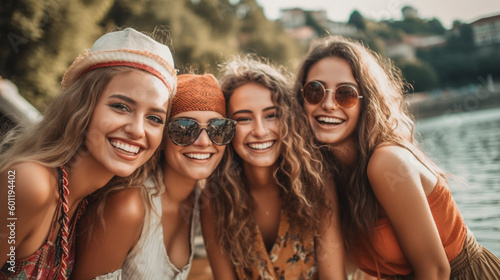 group of young adult women or teenage girls together side by side smiling at leisure by the water river or lake overlooking a small old town, fictional place © wetzkaz