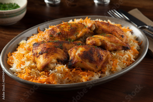 Plate of delicious chicken biryani. Ai generated