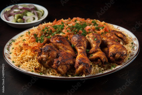 Plate of delicious chicken biryani. Ai generated