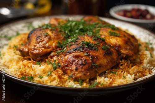 Plate of delicious chicken biryani. Ai generated