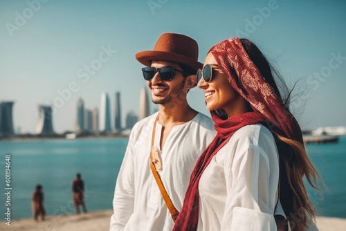 Qatar travel destination. Tourist couple on sunny day on sandy beach with beautiful landscape. Generative AI. © VisualProduction
