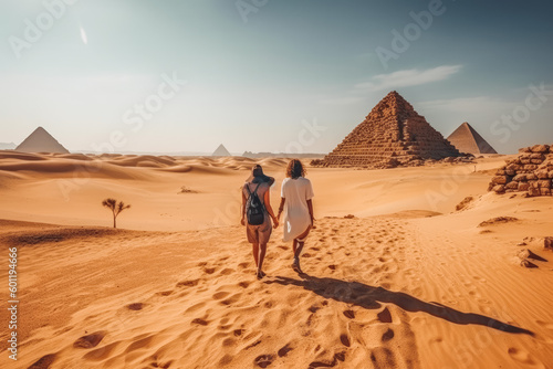 Egypt travel destination. Tourist couple on sunny day in desert with pyramids and beautiful landscape. Generative AI.