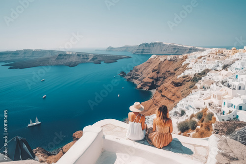 Santorini travel destination. Tourist couple in sunny city beautiful urban landscape view. Generative AI.
