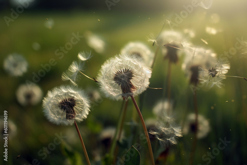 Green field full of beautiful dandelions. Ai generated