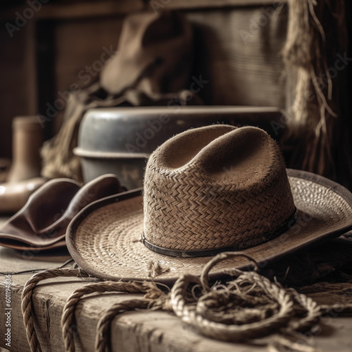 cowboy hat and rope in a stable on the farm with Generative AI