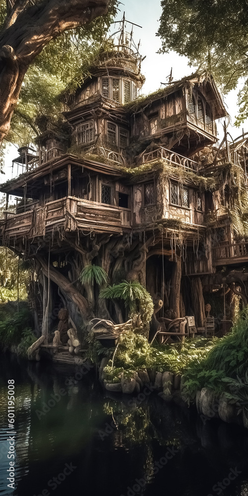 Multiple Story Treehouse by a river in a jungle made with Generative AI