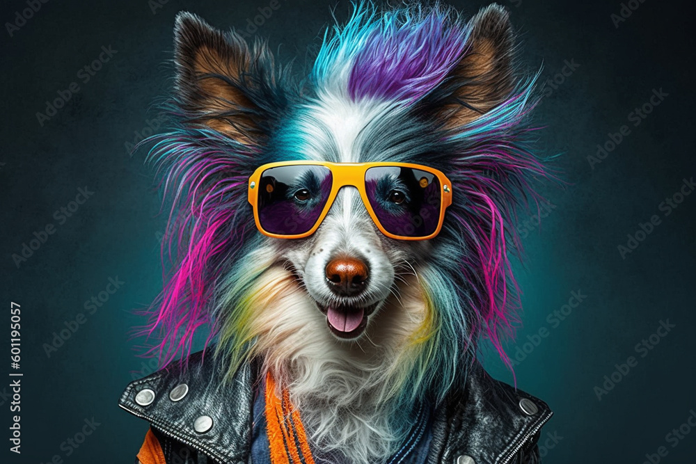 Funny punk rock colored dog with sunglasses. Ai generated