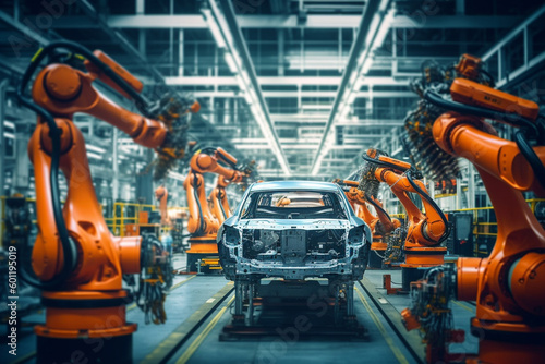 autonomous robot factory produces vehicles cars bodies in a big hall on long production line