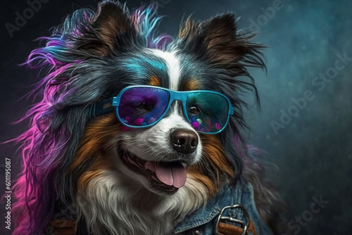 Funny punk rock colored dog with sunglasses. Ai generated © dragomirescu
