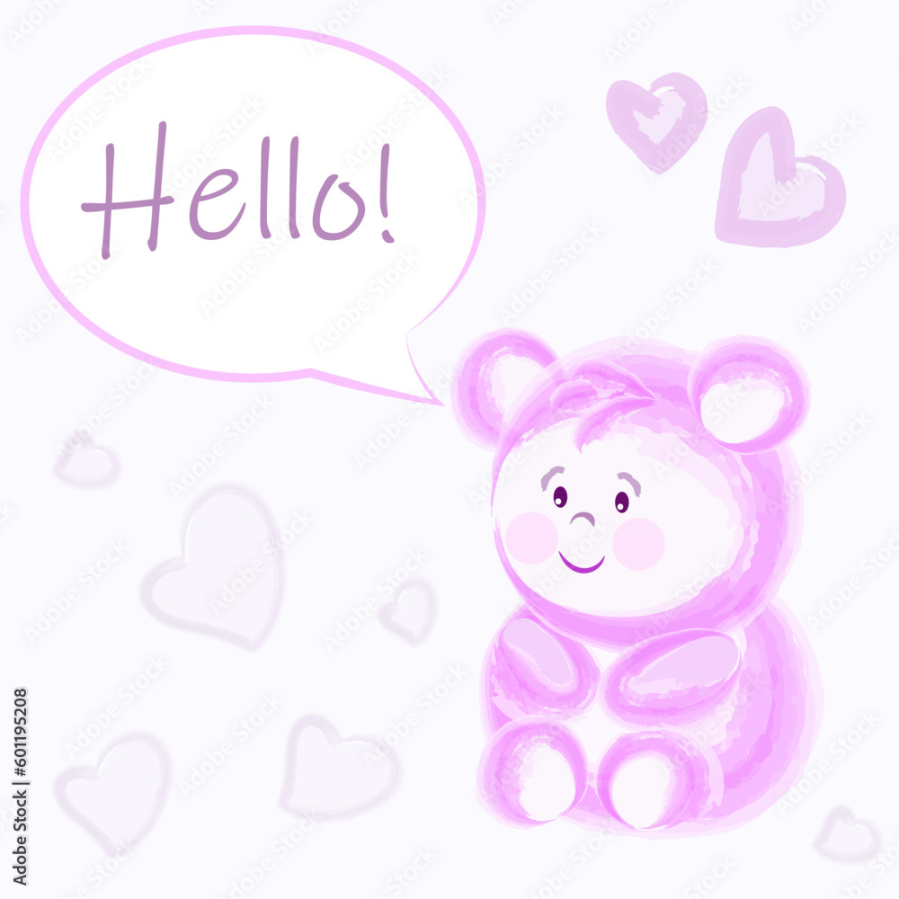Purple teddy bear with speech bubble on soft background with hearts. Cartoon vector illustration for print, card, textile. Purple teddy bear with speech bubble on soft background with hearts. Cartoon vector illustration for print, card, textile.