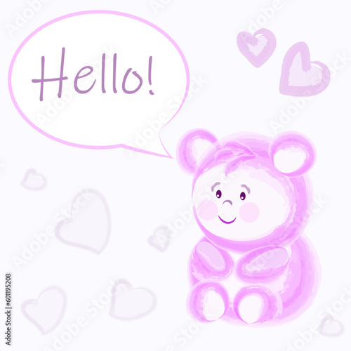 Wallpaper Mural Purple teddy bear with speech bubble on soft background with hearts. Cartoon vector illustration for print, card, textile. Torontodigital.ca