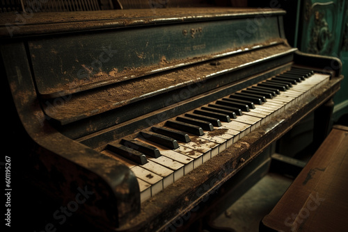 Grunge old dusty piano in an abandoned room. Ai generated