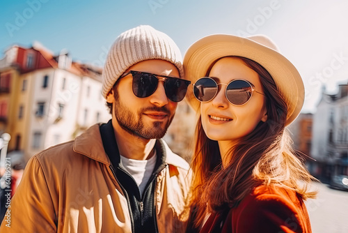 Istanbul travel destination. Tourist couple on sunny day in city beautiful urban landscape view. Generative AI. © VisualProduction