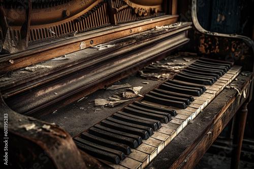 Grunge old dusty piano in an abandoned room. Ai generated