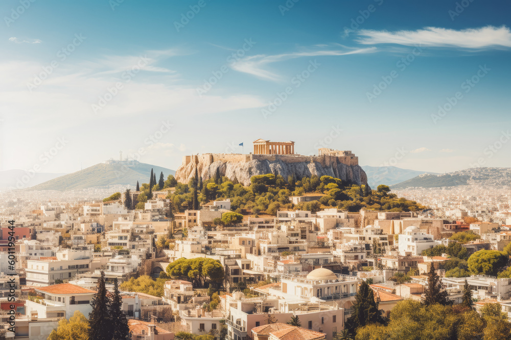 Athens travel destination. Sunny day on the beach with beautiful view. Generative AI