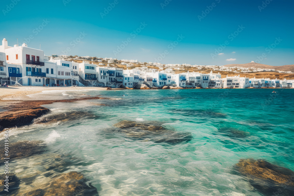 Mykonos travel destination. Sunny day on the beach with beautiful view. Generative AI