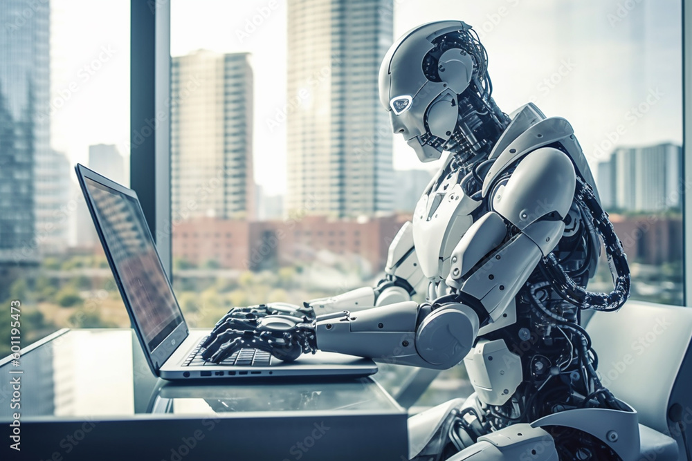 working on computer laptop notebook in an office, humanoid android robot with artificial intelligence working on computer laptop notebook in an office, humanoid android robot with artificial intelligence