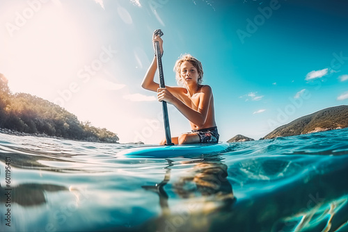 Under the water view angle to the smiling blonde teenager. Smiling teenager surfing in clear blue water. Generative AI