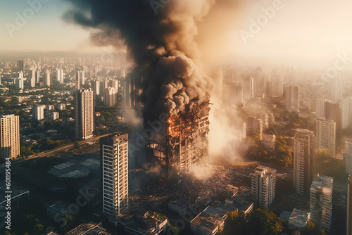 bird's eye view of a destroyed burning building with fire flames smoke and smoke in a big city, skyscraper in the middle of a city, fictional place and happening