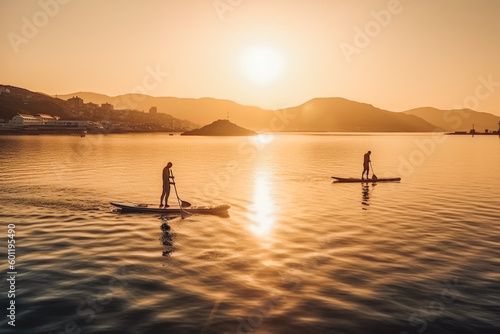 Men friends sail on sup boards in rays of rising sun. Sunrise over the sea with people on boards. Generative AI