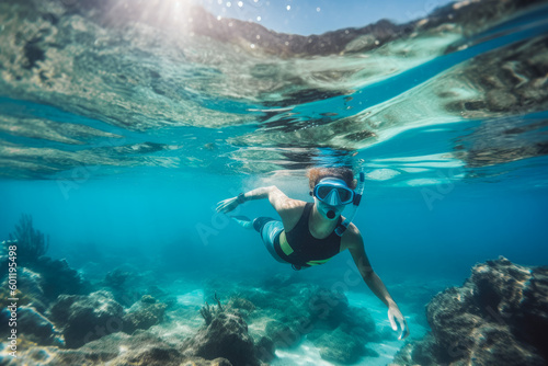 Under the water view angle of kids snorkeling. Person swimming under water in clear ocean. Generative AI