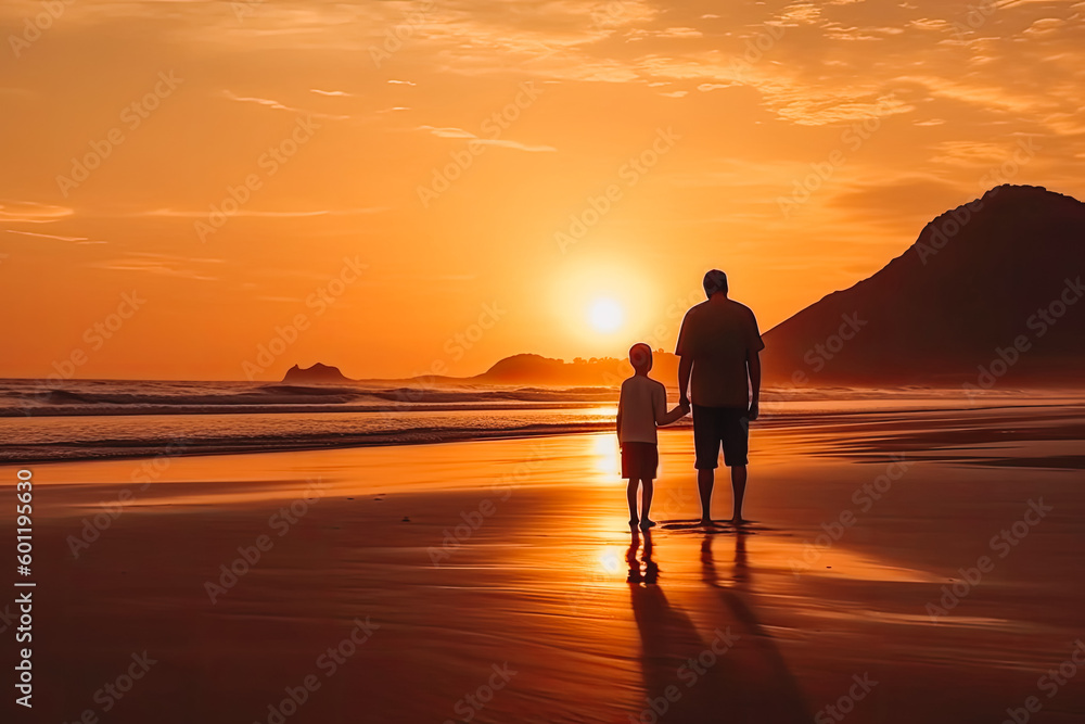 Father and son on beach during sunset. Father holding hands with child looking at rays of sun. Generative AI