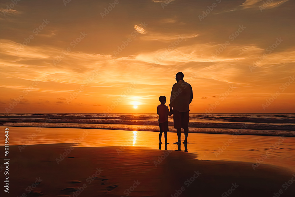 Father and son on beach during sunset. Father holding hands with child looking at rays of sun. Generative AI